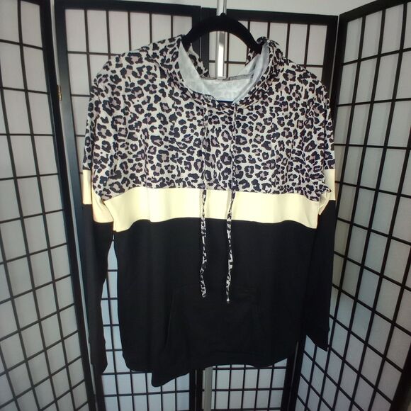 HOODIE Women's Leopard Pullover L/S Drawstring Pocket Sweatshirt Size Large - Picture 1 of 8